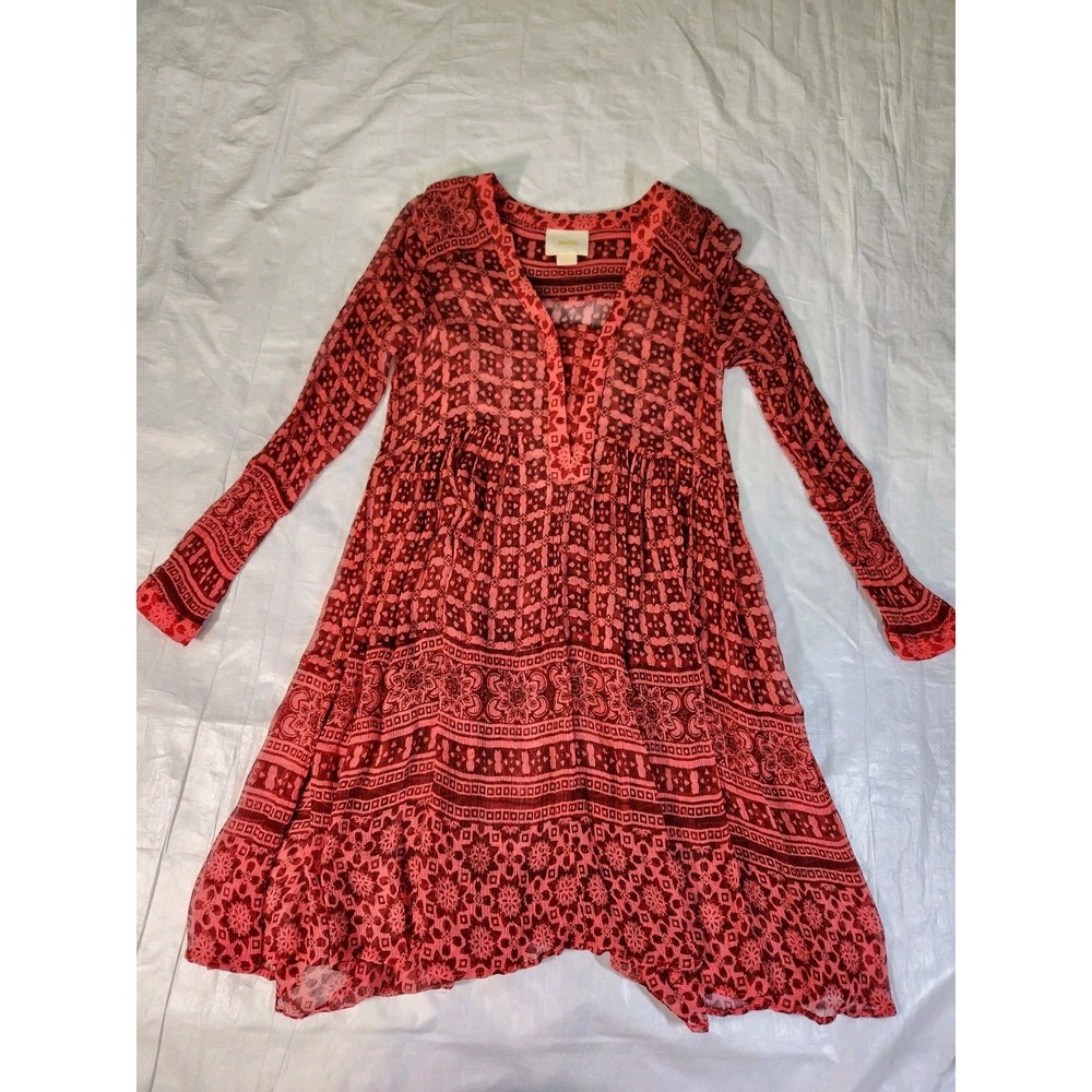 Maeve Anthropologie Cana Swing Dress Women 00 Red Artsy Pullover Boho Print
